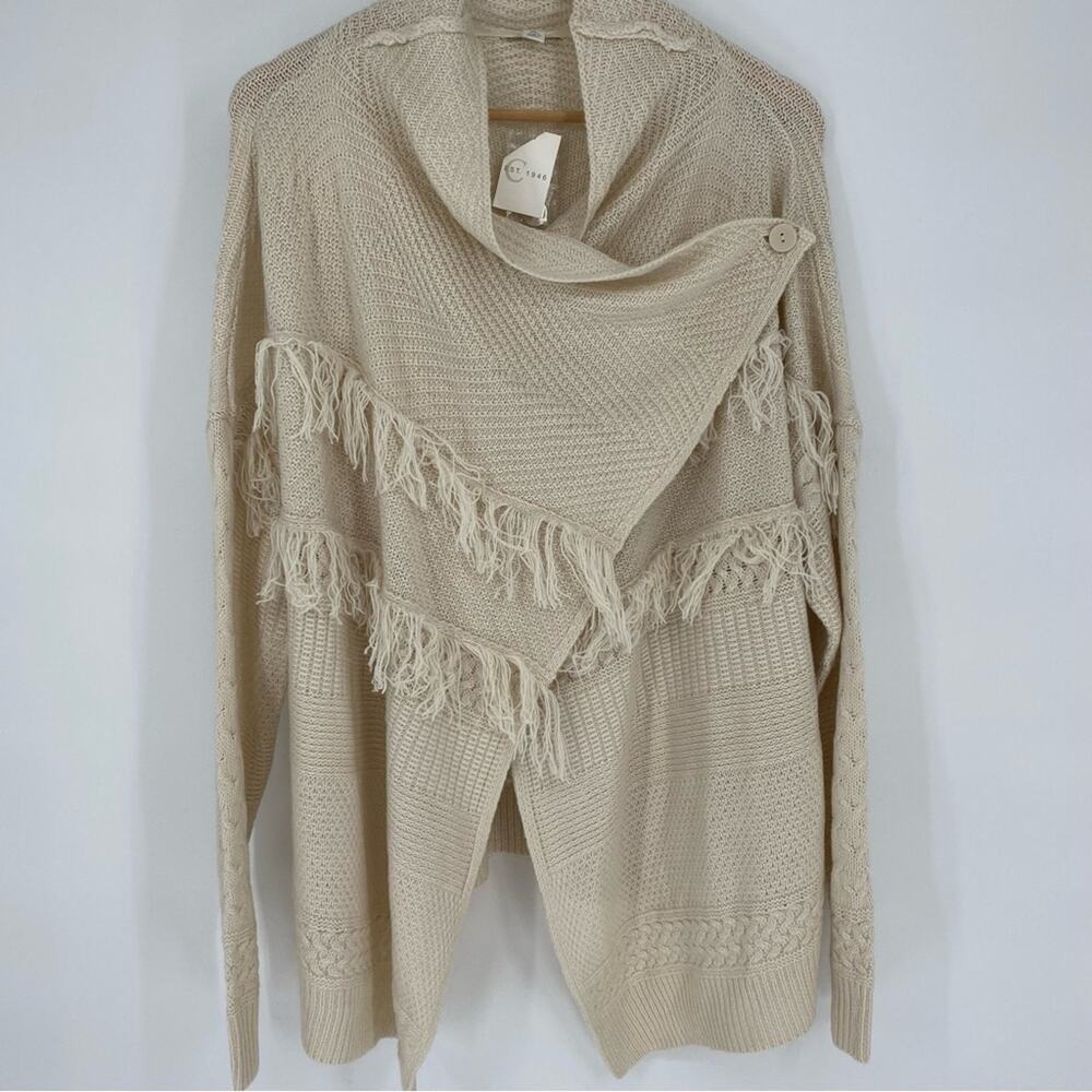 CATO Cardigan Asymmetrical Fringe Lagenlook Bohemian Hippie Cream XL